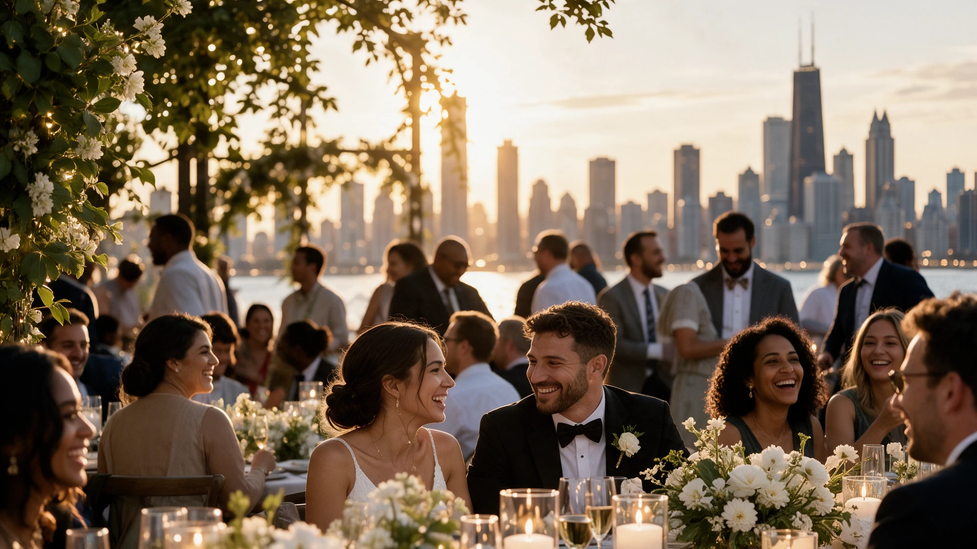 Wedding reception at sunset with Chicago skyline in the background