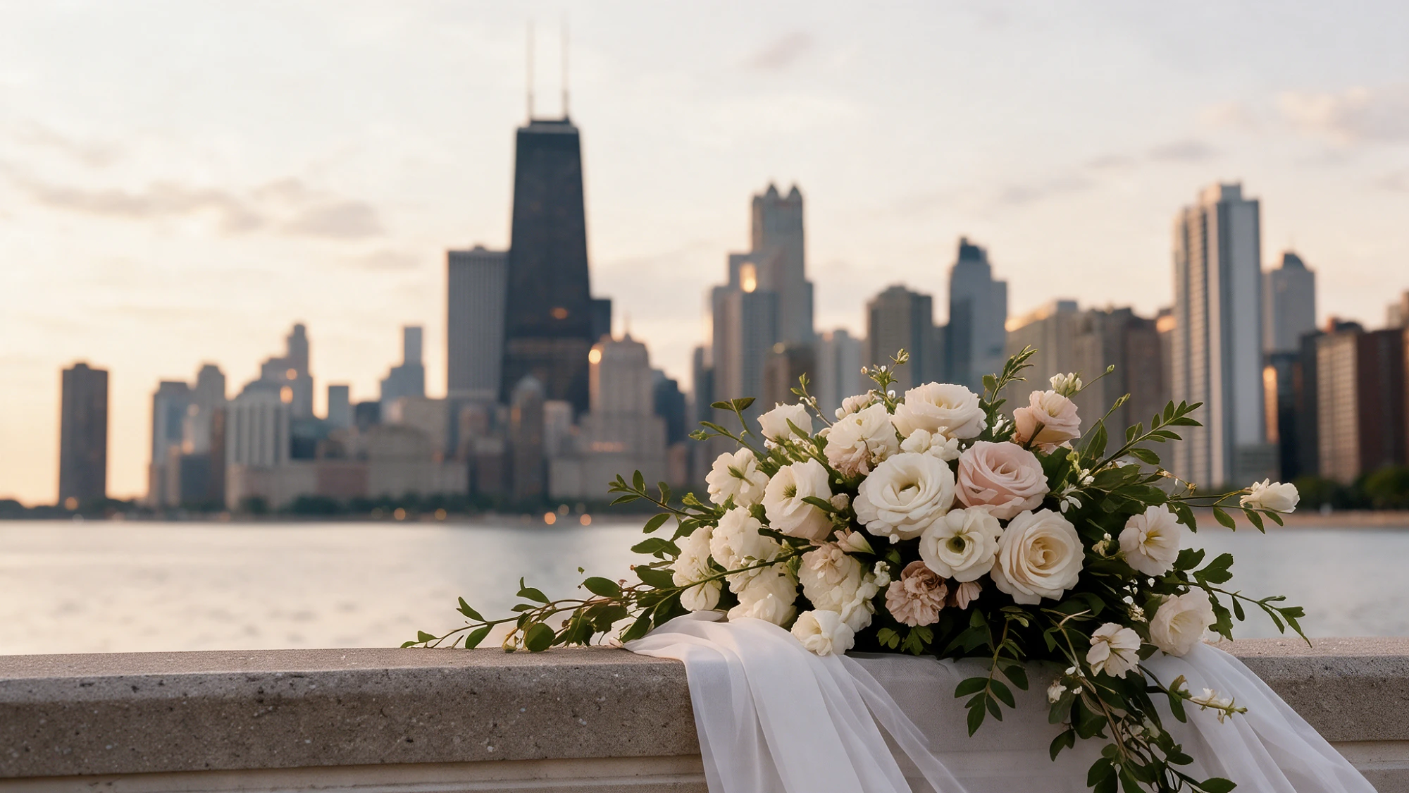 Wedding bouquet on a stone ledge with the Chicago skyline in the background